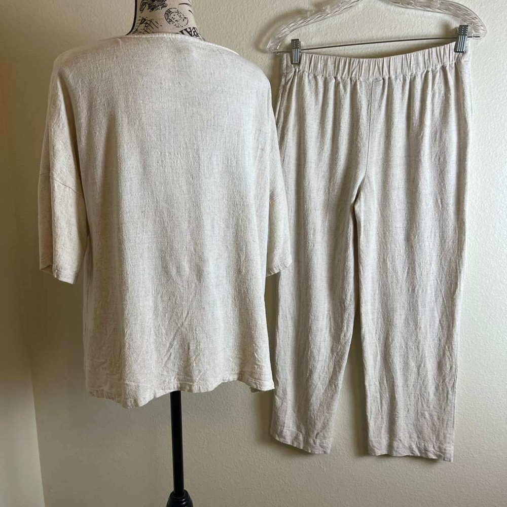Chicos 2 Piece Linen Blend Set Oatmeal Beige Boxy Top Straight Leg Pants Size 1 - Picture 2 of 16